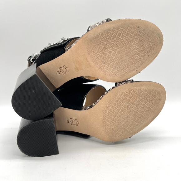 TORY BURCH Kira Suede Snake Embossed Sandal Womens 9 Black Block Heel Python - Picture 12 of 13